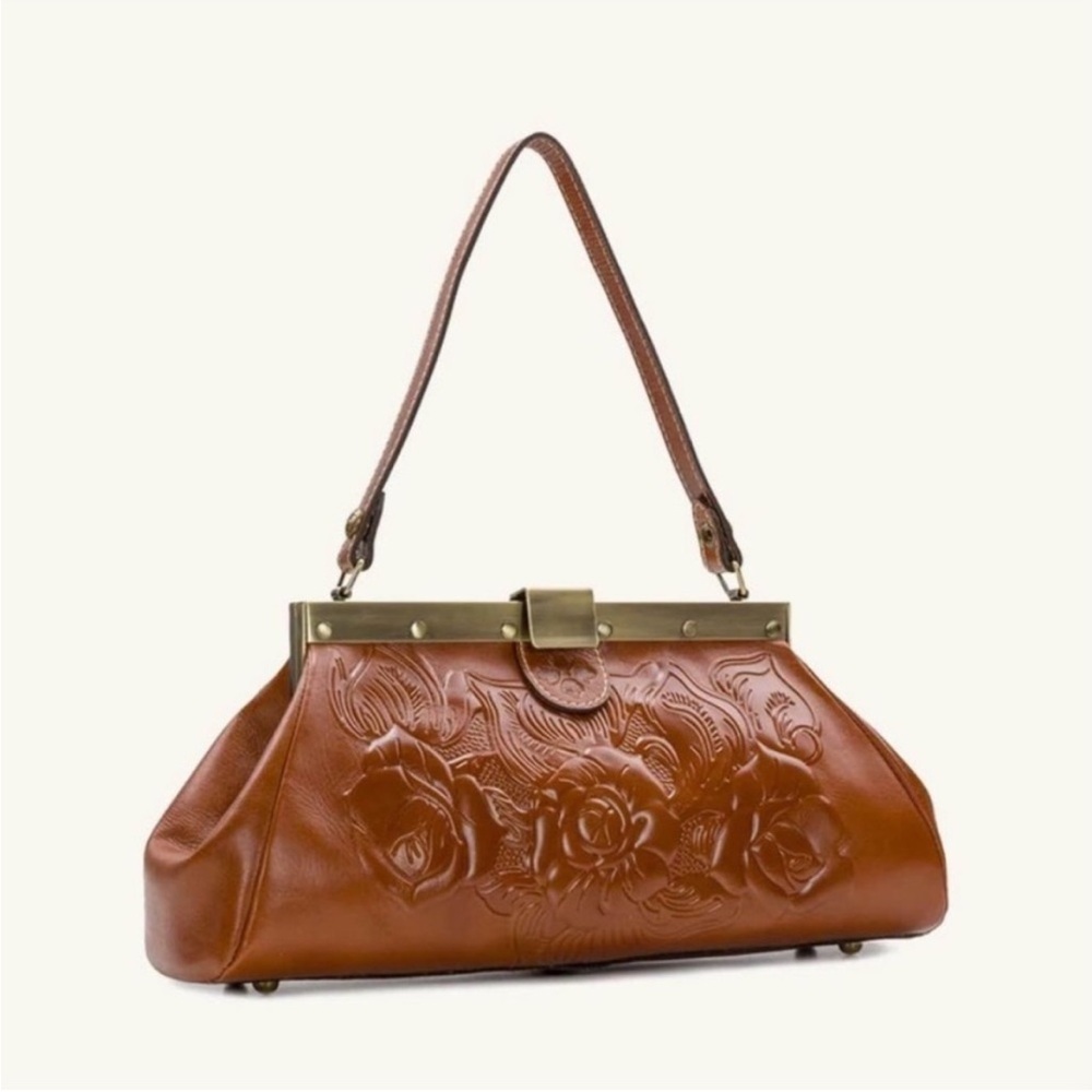 Patricia Nash Ferrara Gold Cognac Tooled Leather Frame Satchel